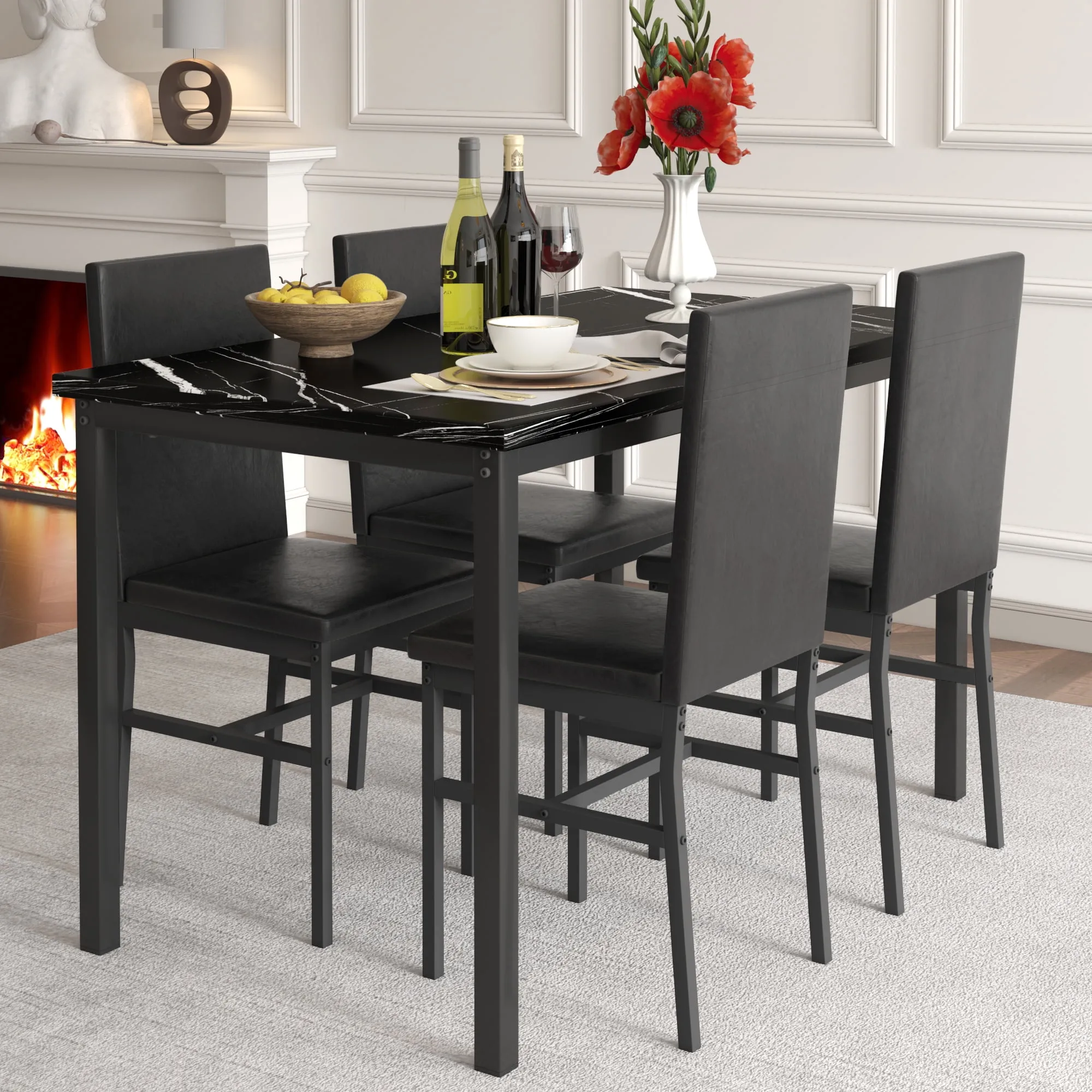 5 Piece Dining Table Set (Modern Faux Marble Tabletop and 4 PU Leather Upholstered Chairs)