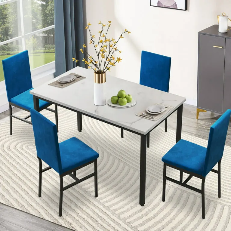 Dining Table Set for 4, Wood Dine Table with 4 Velvet Chairs